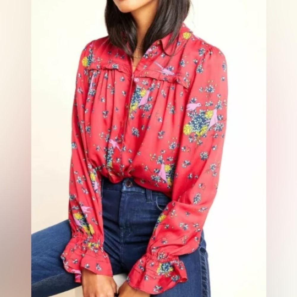 Anthropologie Maeve Fredricka Bird Print Ruffle Back Button Down Blouse‎ Size 0